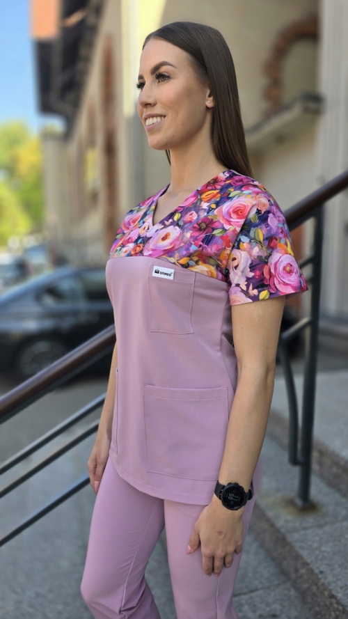 Bluza medyczna damska wstawka róże kolorowe kolor BABY PINK BASIC EFIMED