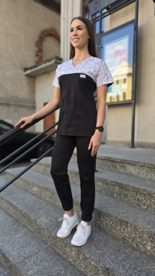 Komplet medyczny damski SCRUBS Bluza wstawka kotki + Jogger kolor czarny SNC EFIMED