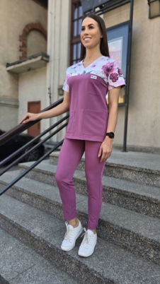 Komplet medyczny damski SCRUBS Bluza wstawka orchidea + cygaretki z kieszeniami kolor DARK DUSTY PINK BASIC EFIMED