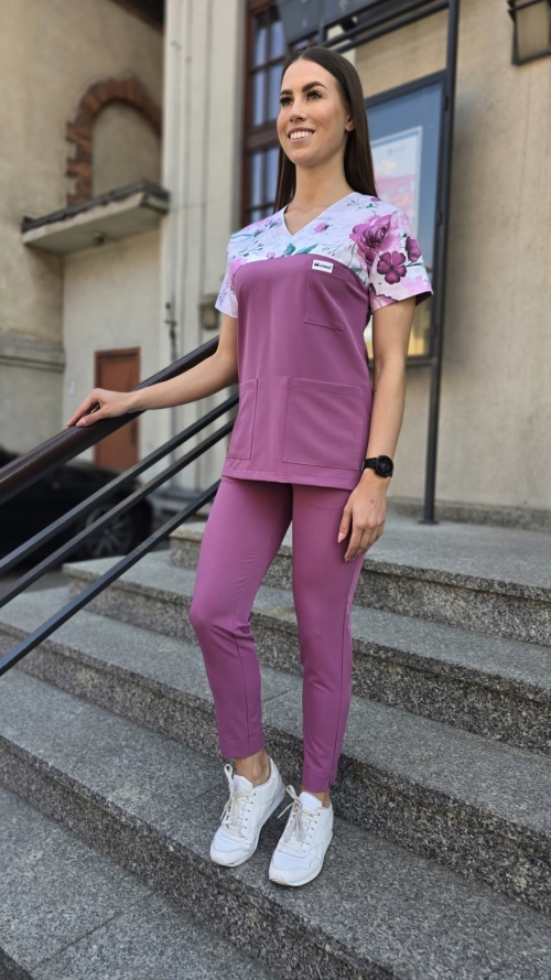 Komplet medyczny damski SCRUBS Bluza wstawka orchidea + cygaretki z kieszeniami kolor DARK DUSTY PINK BASIC EFIMED