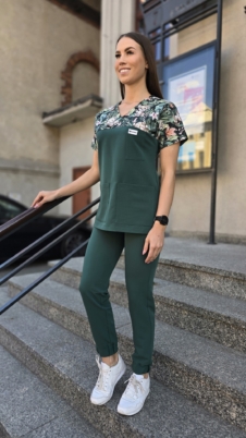 Komplet medyczny damski SCRUBS Bluza wstawka panterki + Jogger kolor DARK GREEN BASIC EFIMED