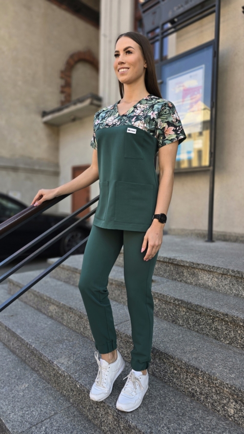 Komplet medyczny damski SCRUBS Bluza wstawka panterki + Jogger kolor DARK GREEN BASIC EFIMED