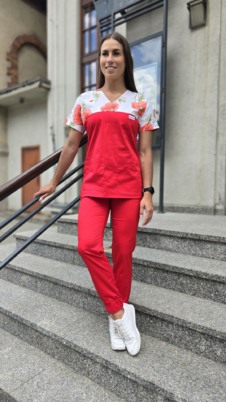 Komplet medyczny damski SCRUBS Bluza wstawka maki + joggery kolor czerwony SNC EFIMED