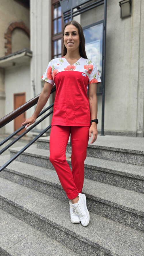 Komplet medyczny damski SCRUBS Bluza wstawka maki + joggery kolor czerwony SNC EFIMED