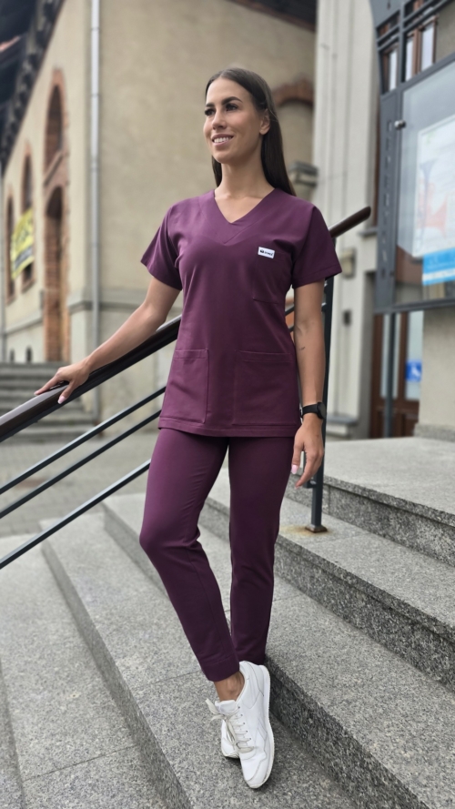 Spodnie medyczne damskie fason CYGARETKI z kieszeniami kolor PLUM BAWEŁNA ORGANICZNA EFIMED