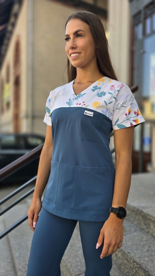 Bluza medyczna damska wstawka delikatna łączka kolor DARK MARINE BASIC EFIMED