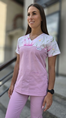 Bluza medyczna damska wstawka kwiaty kolor pastelowy róż SNC EFIMED