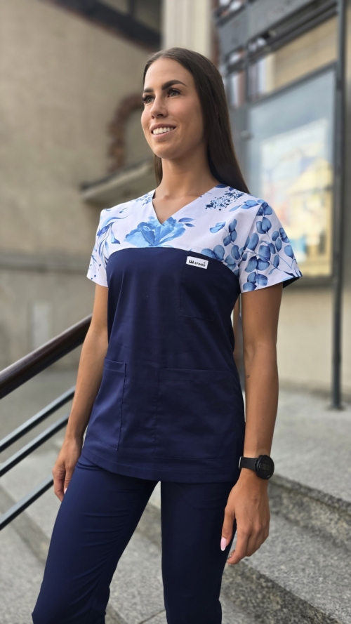 Bluza medyczna damska wstawka kwiaty niebieskie kolor granat SNC EFIMED