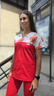 Bluza medyczna damska wstawka maki kolor czerwony SNC EFIMED