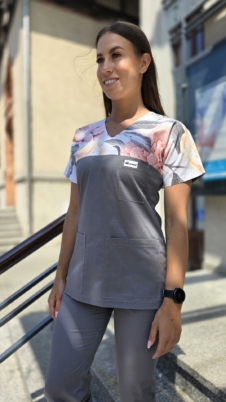 Bluza medyczna damska wstawka peonie szare kolor grafit SNC EFIMED