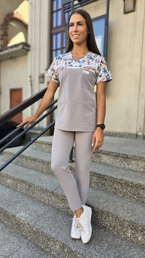 Bluza medyczna damska wstawka pieski w akcji kolor FOG GREY BASIC EFIMED
