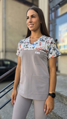 Bluza medyczna damska wstawka pieski w akcji kolor FOG GREY BASIC EFIMED