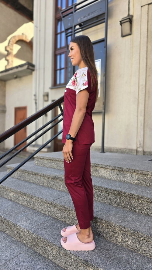 Bluza medyczna damska wstawka różyczki bordowe kolor bordo SNC EFIMED