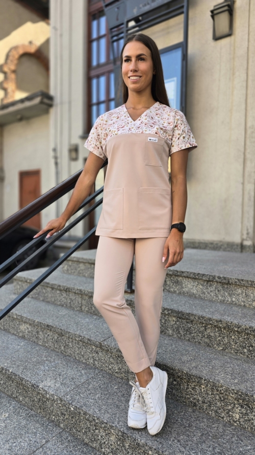 Bluza medyczna damska wstawka stokrotki kolor nude BASIC EFIMED