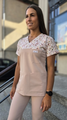 Bluza medyczna damska wstawka stokrotki kolor nude BASIC EFIMED