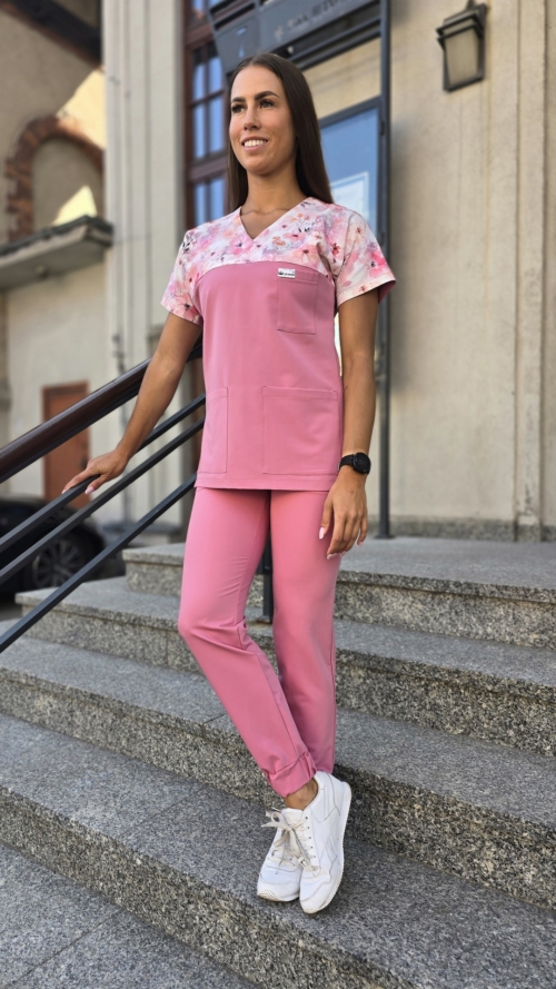 Bluza medyczna damska wstawka sweet flowers kolor DUSTY PINK BASIC EFIMED