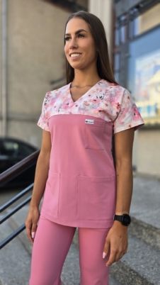 Bluza medyczna damska wstawka sweet flowers kolor DUSTY PINK BASIC EFIMED