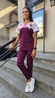 Komplet medyczny damski SCRUBS Bluza wstawka colorful flowers + joggery kolor bakłażan SNC EFIMED