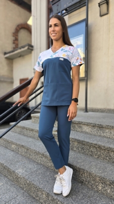 Komplet medyczny damski SCRUBS Bluza wstawka delikatna łączka + cygaretki z kieszeniami kolor DARK MARINE BASIC EFIMED