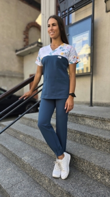 Komplet medyczny damski SCRUBS Bluza wstawka delikatna łączka + joggery kolor dark marine BASIC EFIMED