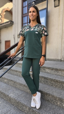 Komplet medyczny damski SCRUBS Bluza wstawkadżungla + joggery kolor dark green BASIC EFIMED