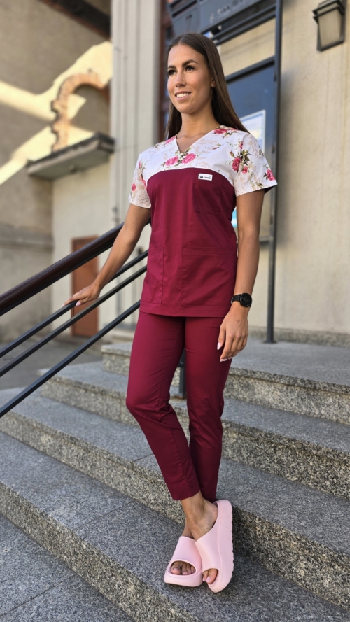 Komplet medyczny damski SCRUBS Bluza wstawka różyczki bordowe + cygaretki z kieszeniami kolor bordo SNC EFIMED