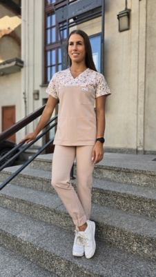 Komplet medyczny damski SCRUBS Bluza wstawka stokrotki + joggery kolor NUDE BASIC EFIMED