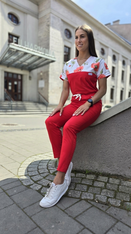 Komplet medyczny damski SCRUBS Bluza wstawka maki + cygaretki z kieszeniami kolor czerwony SNC EFIMED