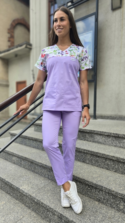 Komplet medyczny damski SCRUBS Bluza wstawka łączka + cygaretki z kieszeniami kolor liliowy SNC EFIMED